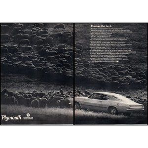 1968 Plymouth Barracuda Fastback 2 Page Vintage Print Ad Sheep Herd Wall Art
